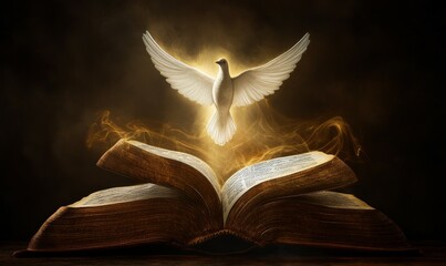 Flying dove above an opened book with Holy Spirit appearing, religious imagery