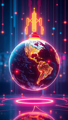 concept for Communication technology for internet business. Global world network and telecommunication on earth cryptocurrency and blockchain, glowing neon, with white tones