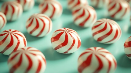 Red and white swirled candies arranged on a surface