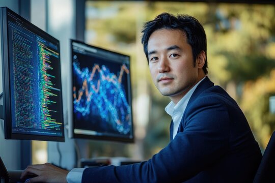 A focused Asian male programmer works diligently on his computer, analyzing code and data visualizations.
