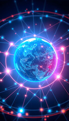 Naklejka premium Hologram earth surrounded by neon glowing network. Illustration of the concept of global satellite communication, detailed, with white tones