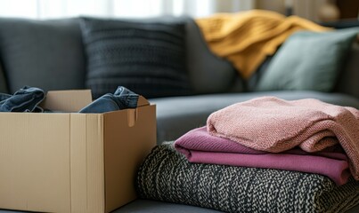 Folded clothes next to empty box on sofa