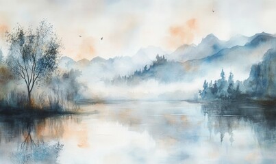 Fototapeta premium Ethereal watercolor landscape with fog effect, fog, watercolor, ethereal