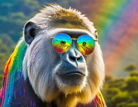 a vibrant, colorful gorila with a hyper-realistic face in frontal view. The background is a drive thru safari. The gorilas skin exhibits a vivid rainbow palette- generated by ai