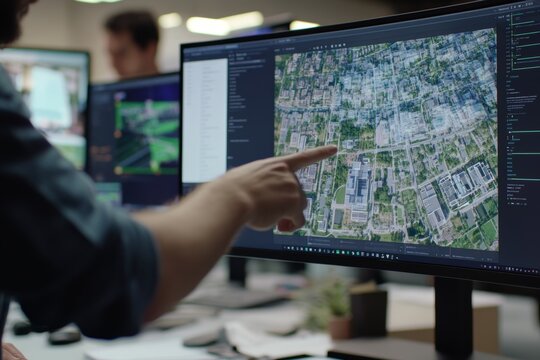 Collaborative urban design  team analyzing digital blueprints for sustainable city planning