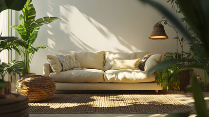 Elegant home decor with soft lighting and plants, creating a warm and inviting atmosphere.