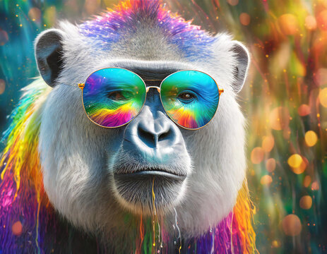a vibrant, colorful gorila with a hyper-realistic face in frontal view. The background is a drive thru safari. The gorilas skin exhibits a vivid rainbow palette- generated by ai