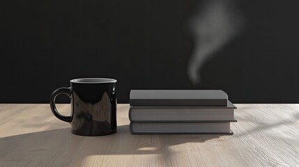 Black Mug and Stacked Books on Wooden Table