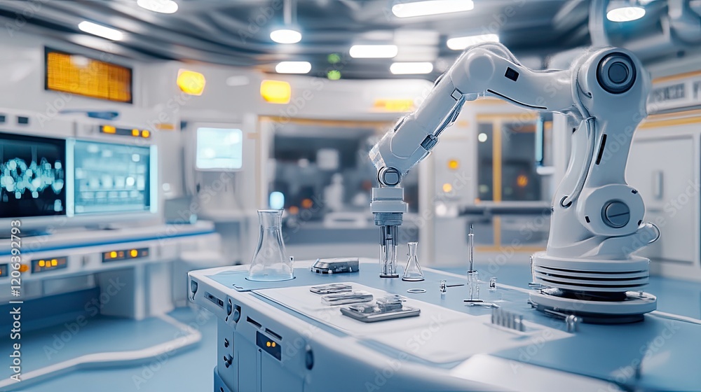 Poster robotic arm in modern scientific laboratory setting
