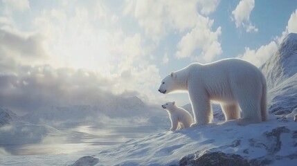 A mother bear and cubs are walking in the polar snow. These are images that reflect the warmth and grace of mother-daughter love in nature. Their walking on the white snow surface reflects the be