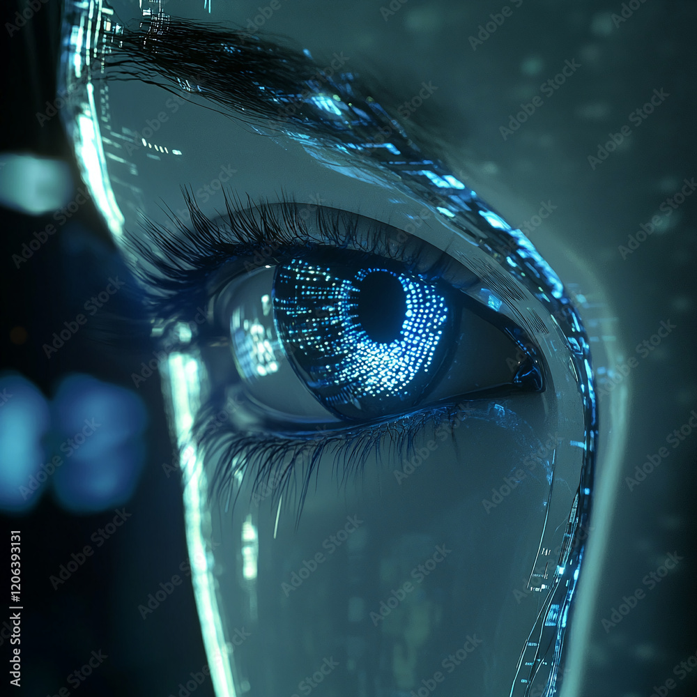 Aufkleber Close-up of a futuristic eye displaying digital patterns and blue light in a tech-inspired environment