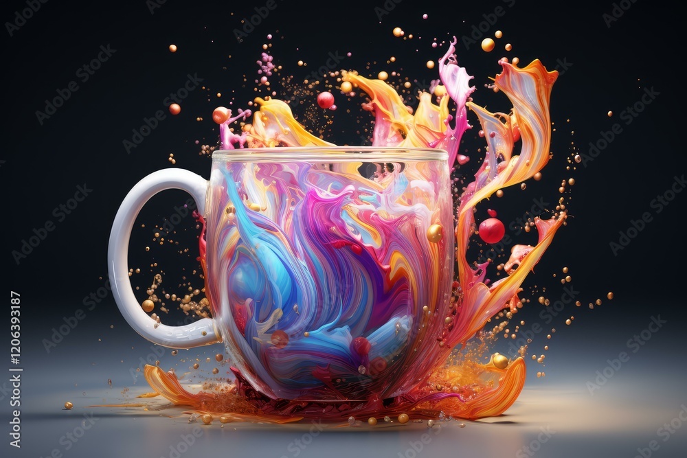 Poster multicolored paint exploding from a white mug, creating a vibrant and dynamic scene