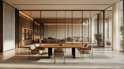 Spacious office with glass walls, natural light flooding the workspace.