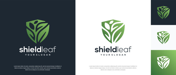 Nature security shield logo design. Vector icon of shield logo design with nature leaf.