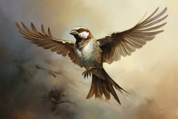 Obraz premium Painting of a beautiful house sparrow flying with wide open wings over an abstract background, conveying concepts of freedom, wildlife, and nature
