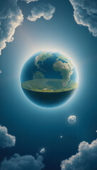 A digital illustration depicting a flat earth concept, with a dome-shaped sky and a central earth, with white tones