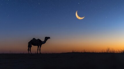Silhouetted Camel Underneath a Crescent Moon and Stars