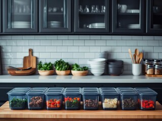 A ketogenic meal prep session, in a sleek kitchen, showing organized