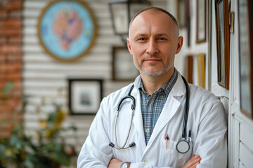 A middle-aged male doctor in a white coat