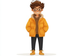 Obraz premium Illustration of a Cheerful Young Person in Bright Winter Clothing Standing Against a Minimalist Background with a White Backdrop