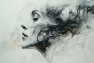 Surrealistic Smoke-Like Transformation of a Woman's Face Merging into a Whimsical Abstract Patterned Background in Fine Art Composition