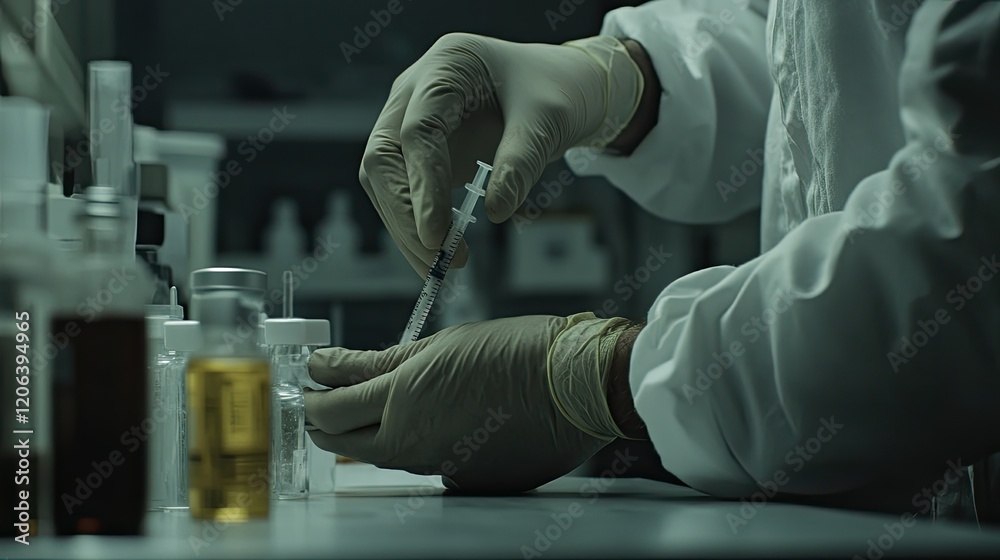 Poster scientist preparing sample with syringe in lab