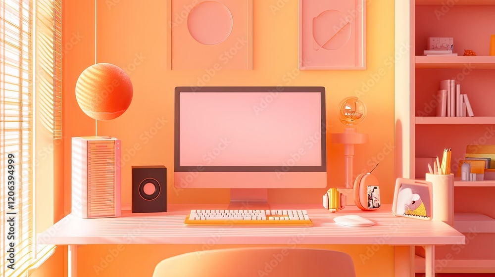 Poster pastel workspace featuring computer keyboard and accessories