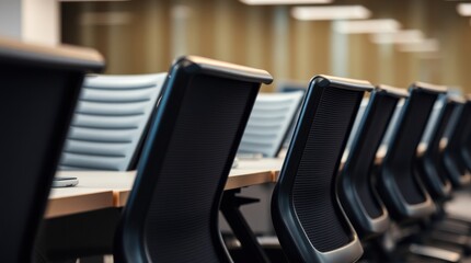 Modern office chairs arranged in a row, ready for a meeting or collaborative work session. Clean lines and sleek design.