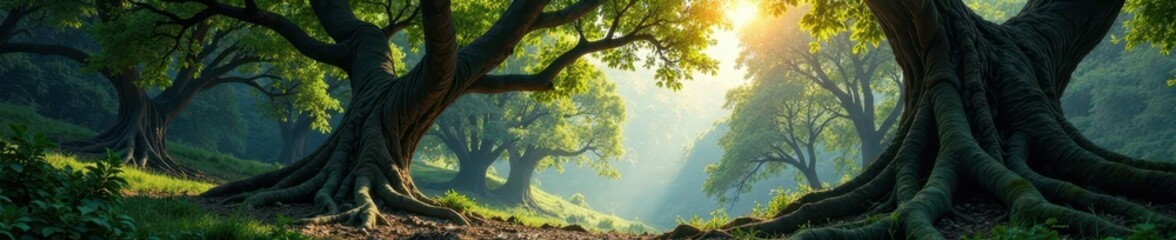 Fototapeta premium Towering trees with gnarled trunks and twisted branches, nature, wilderness