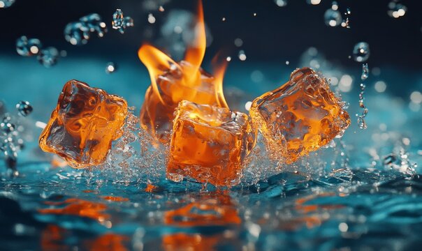Extreme close-up of flamy ice cubes on a blue water background