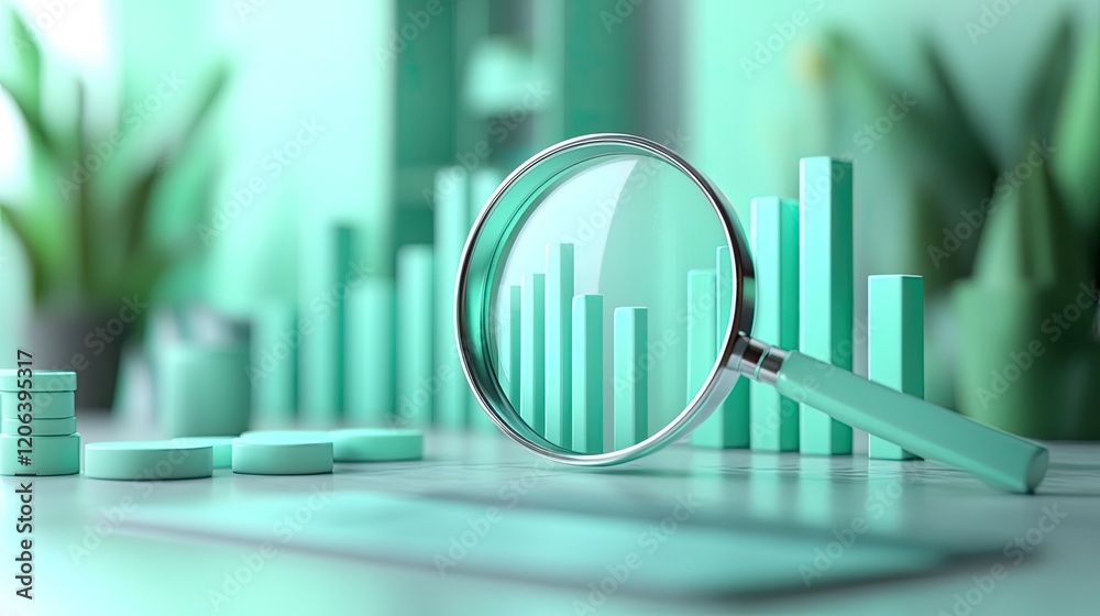Poster magnifying glass analyzing teal bar graph data