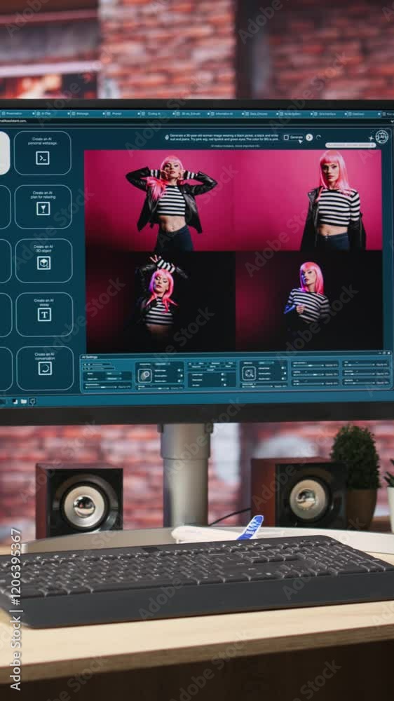 Fototapete vertical video computer on desk with ui of artificial intelligence gpt application turning text prom