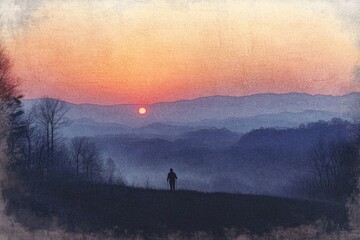 Solitary figure silhouetted against a breathtaking sunset over layered mountains, evoking tranquility and awe.