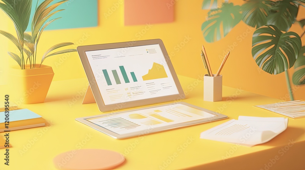 Poster modern workplace tablet displays business data graphs