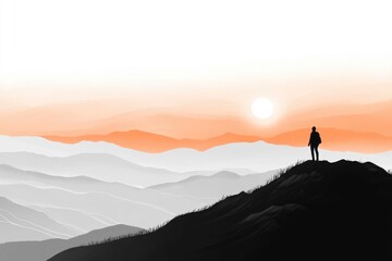 Silhouetted hiker on mountain peak, sunset over layered mountainscape.