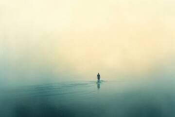 A solitary figure walks into a misty, serene sea under a pale sky, evoking peace and contemplation.