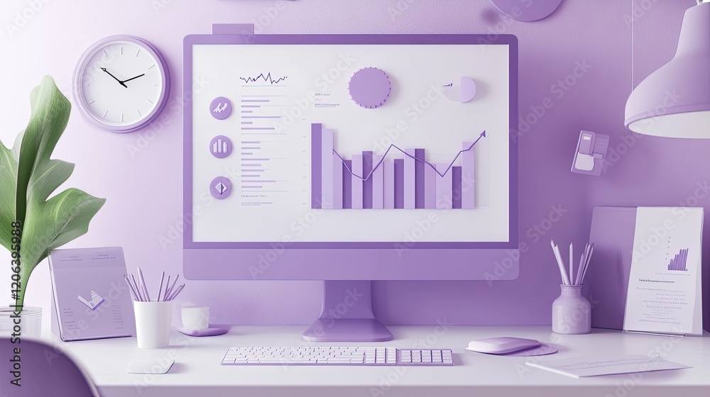 Poster lavender workspace displays business data graphics