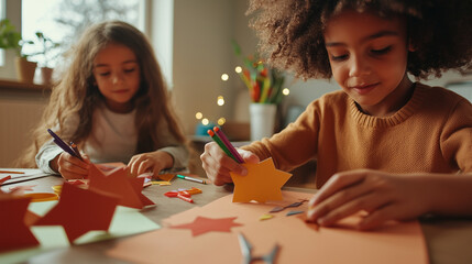 Fototapeta premium Creative Kids Crafting in Cozy Space with Colorful Supplies