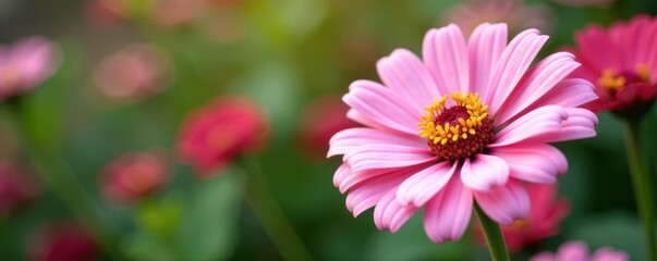 Obraz premium Zinnia Elegans flowers in shades of pink and white, gardening tips, flower details, flowering plants