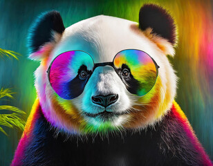 a vibrant, colorful panda with a hyper-realistic face in frontal view. The background is a drive thru safari. The pandas skin exhibits a vivid rainbow palette - generated by ai