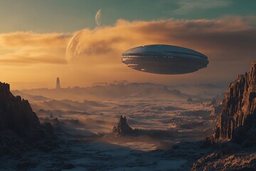 Futuristic landscape with a hovering spacecraft above rocky terrain.