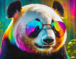 a vibrant, colorful panda with a hyper-realistic face in frontal view. The background is a drive thru safari. The pandas skin exhibits a vivid rainbow palette - generated by ai
