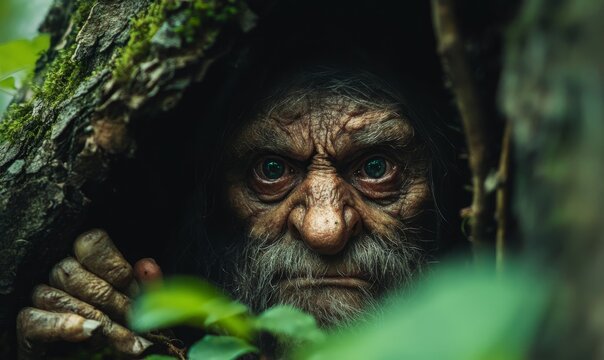 Extreme close-up realistic live troll in the forest, emerging from underground