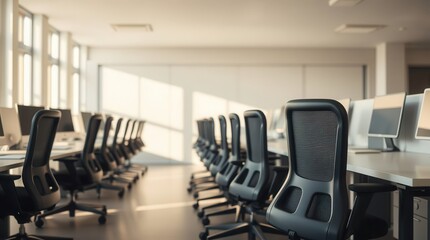 Modern office workspace with rows of computers and ergonomic chairs. Sunlight streams through large windows, illuminating the clean, minimalist design.