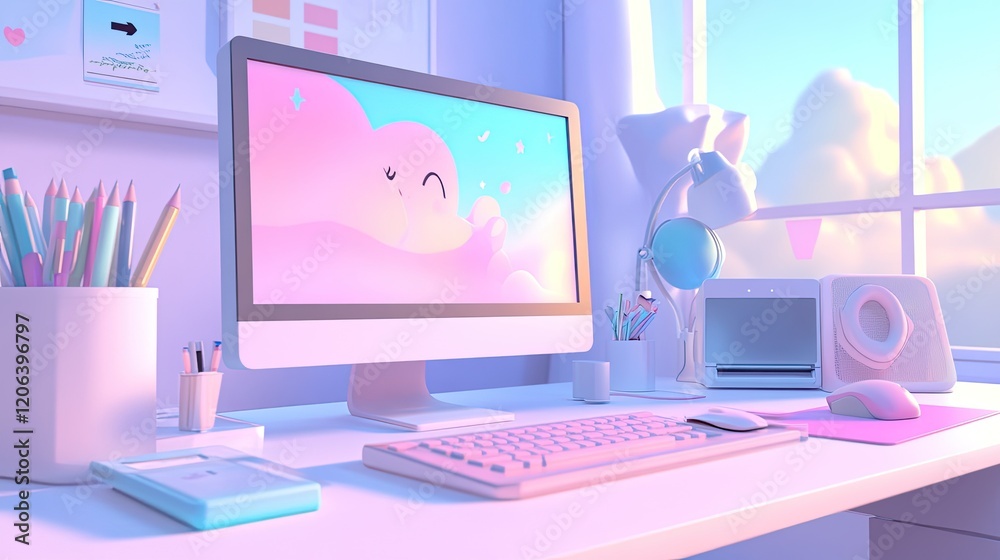 Poster pastel workspace featuring computer and cute cloud design