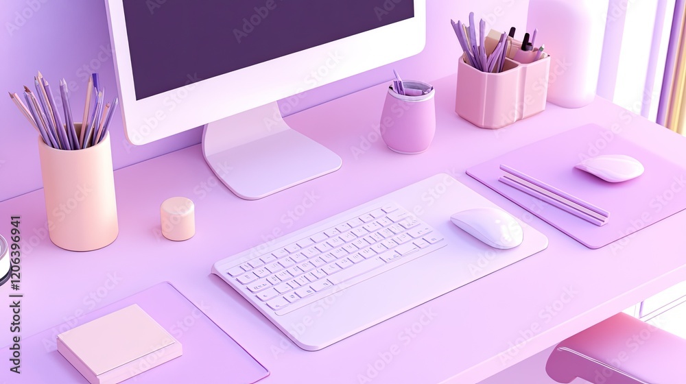 Poster Pastel Purple Desk Workspace With Computer Keyboard Mouse