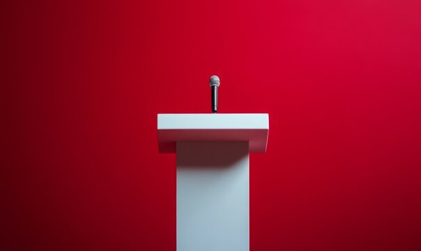 Extreme close-up white empty podium red background striking contrast presentations speeches