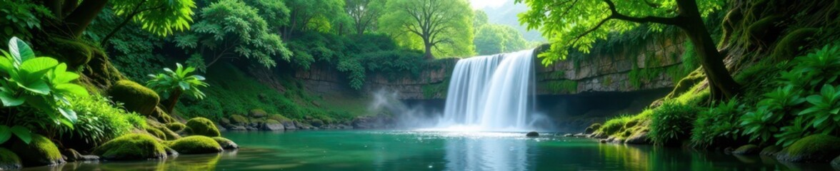 Naklejka premium Lush greenery surrounds the tranquil waterfall, lush, water, tree