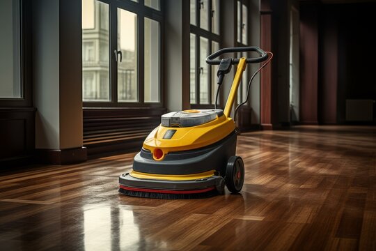 Floor cleaning and polishing machine cleaning wooden parquet in modern apartment, making it shiny and clean