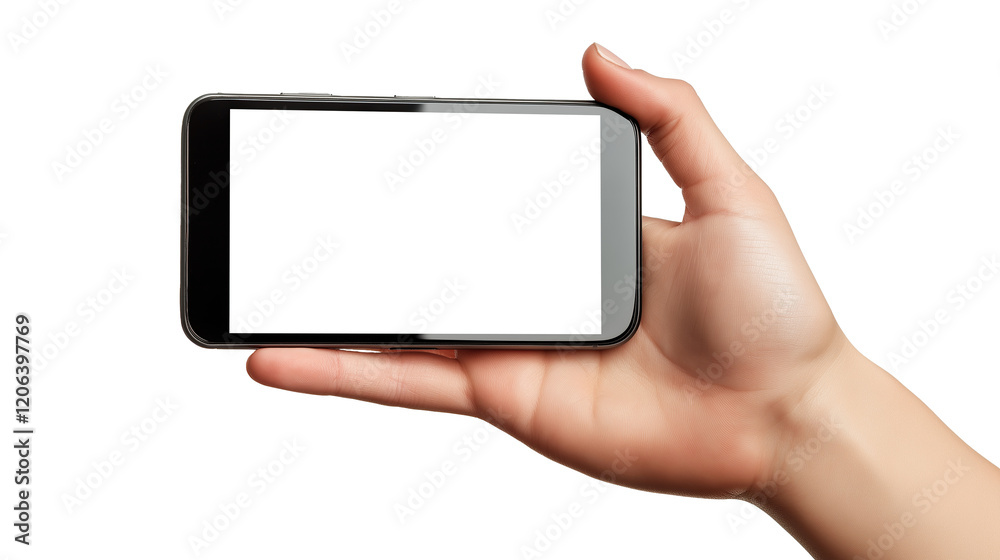 Wall mural hand holding mobile phone with transparent screen showing an application display on transparent back
